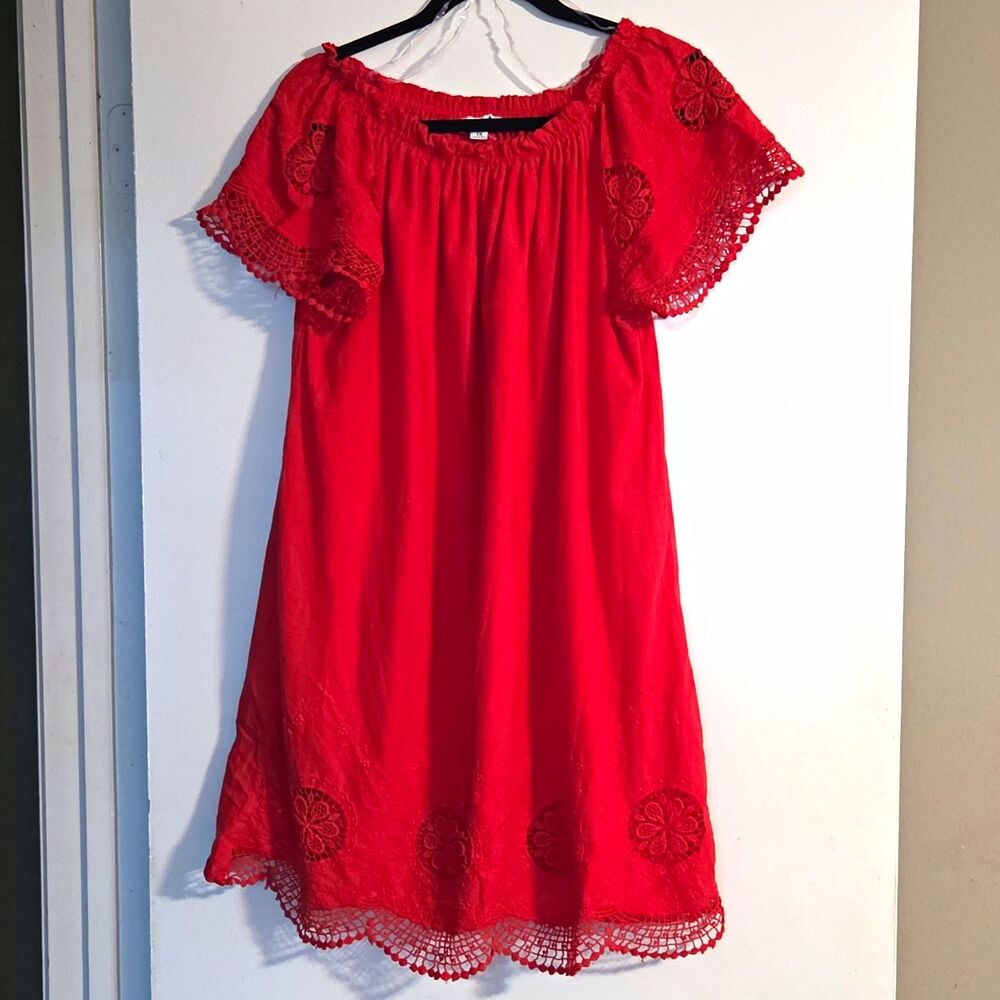 Indigo Rose Red Shift Knee Dress Off Shoulder Crochet Lace Trim Cap Sleeve 1X
